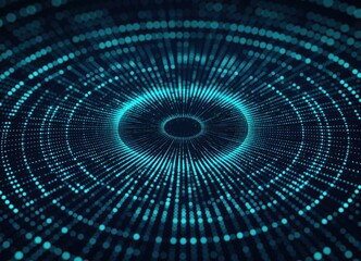 Abstract digital illustration featuring a mesmerizing pattern of glowing blue dots radiating outward in a circular formation, creating a sense of depth and movement in a dark background