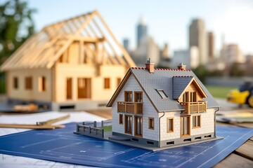 Architectural models of houses on blueprints with city skyline in background architecture home