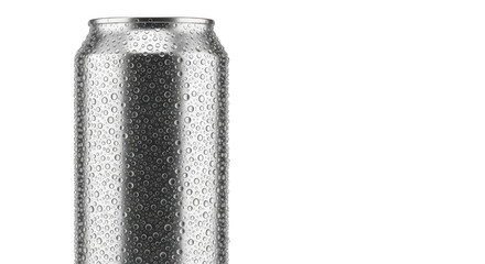 A silver aluminum can covered in condensation droplets, isolated on a plain transparent background