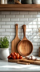 Wooden kitchen accessories against a backdrop of white tiles with herbs, tomatoes, and garlic will emphasize the coziness of home cooking in culinary blogs.