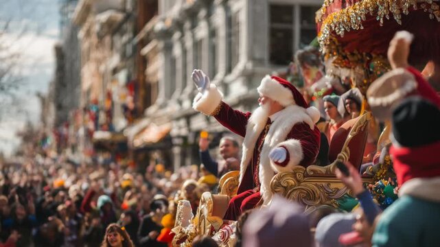 Crowds gather in excitement as Santa arrives at the Thanksgiving Day Parade in the heart of the city