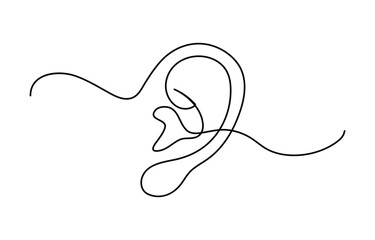 Obraz premium Continuous one line drawing of human ear with sound waves one line drawing illustration icon, Human ear continuous one line art outline vector minimalist design,