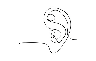 Continuous one line drawing of human ear with sound waves one line drawing illustration icon,
Human ear continuous one line art outline vector minimalist design,