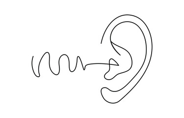 Continuous one line drawing of human ear with sound waves one line drawing illustration icon,
Human ear continuous one line art outline vector minimalist design,