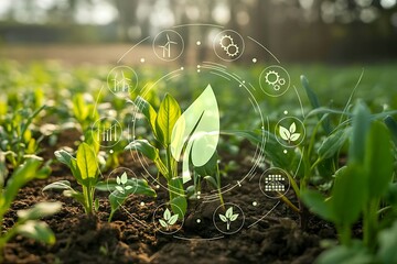 Digital farming technology overlay on young plants in a field at sunrise agriculture innovation