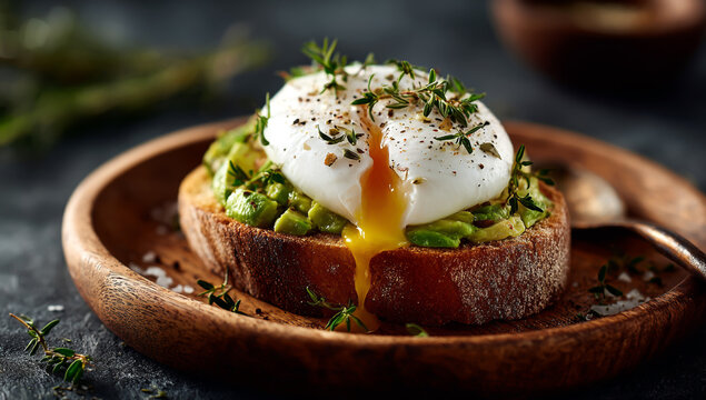 Avocado toast with poached egg and herbs on rustic plate