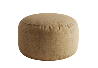 Minimalist round pouffe ottoman in earthy fabric, perfect for boho interiors, cozy seating, home staging, modern decor, furniture mockups, branding visuals, and lifestyle design projects.
