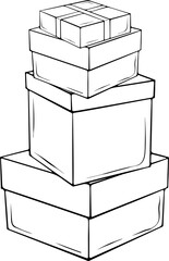 Stack of present or mailing boxes. Holiday or celebration gift decor. For card, packaging, poster, and festive design. Vector illustration in hand drawn sketch style. Line art isolated on white