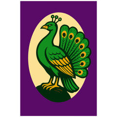 Peacock with Fanned Tail — Exotic Bird Ornament Oval Poster Vector