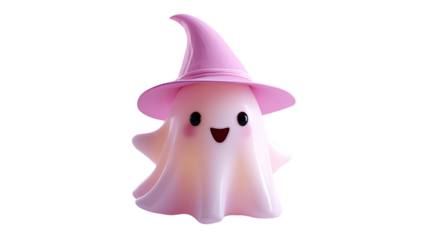 Cute smiling ghost wearing pink witch hat cartoon spooky character Halloween decoration funny spirit illustration isolated on white background