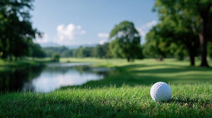 Golf Ball Resting on Green Grass with Pond and Distant Trees Under a Bright Blue Sky