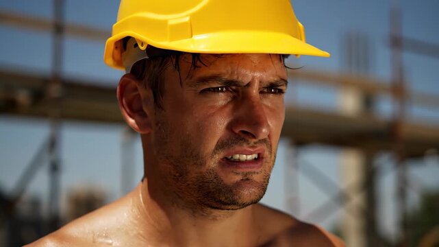 Man Working Hard at Construction Site on a Hot Summer Day Puts His Hand Under Yellow Hard Hat