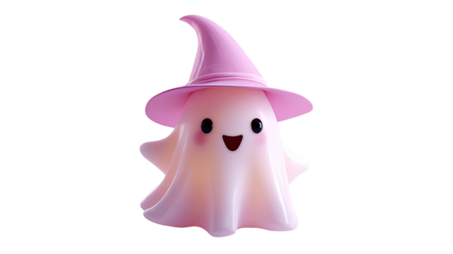 Cute smiling ghost wearing pink witch hat cartoon spooky character Halloween decoration funny spirit illustration isolated on white background