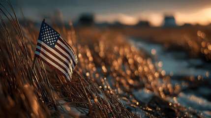 Patriotic rural usa scene with an american flag standing proudly in a sunset field