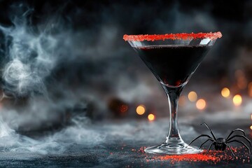 Halloween cocktail with spooky decorations: dark mood with spiders and bokeh lights
