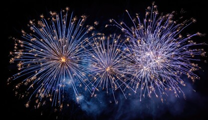 Night sky bursts with three vibrant firework displays