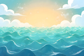 A cheerful and vibrant digital artwork depicting a stylized ocean or sea scape. The scene is dominated by rhythmic