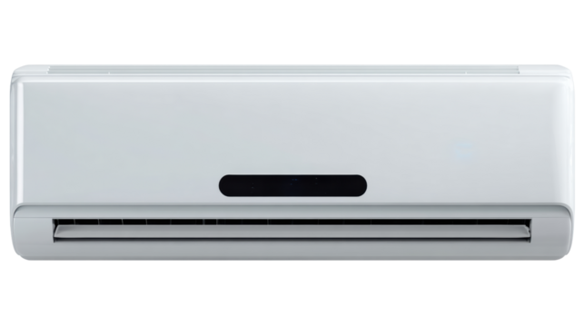 Air conditioning unit, sleek white design, modern appliance for cooling indoor spaces, energy-efficient.
