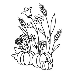Autumn harvest embroidery template with pumpkins and flowers