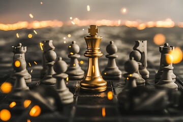 Golden Chess King Surrounded by Grey Pieces on a Textured Board strategy