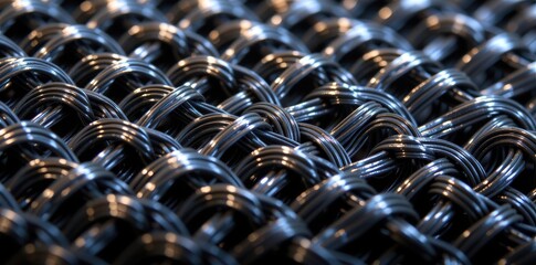 Close-up of interwoven carbon fiber threads, showcasing the material's texture and strength, pattern, strength, surface