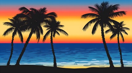 Obraz premium Silhouette Palm Trees Tropical Ocean Sunset Beach Scene