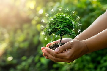 Hands Holding a Sapling with Environmental Icons in a Circle tree plant