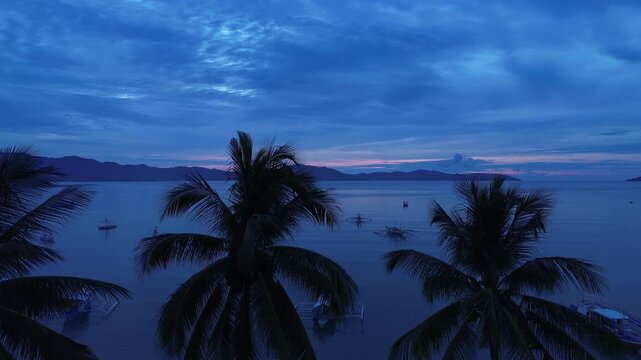 Upward aerial move at Port Barton San Vicente Palawan with silhouetted palms a calm blue bay moored outrigger boats and twilight color after sunset