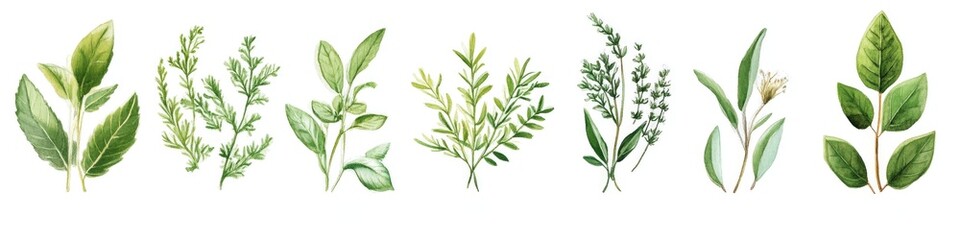 Naklejka premium Fresh culinary herb collection on white background for kitchen decor and nature enthusiasts