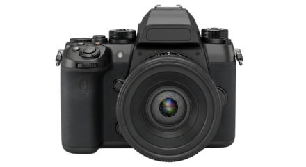 Professional digital camera with lens on black background