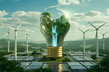 Lightbulb with Waterfall and Lush Landscape, Solar Panels and Wind Turbines nature trees