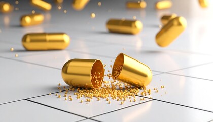 Golden Capsule Showing Medication Pills on White Tile Surface