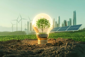 Lightbulb with tree inside symbolizes green energy and sustainable city growth nature