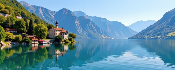 Serene Italian lake house nestled amongst majestic mountains, reflecting in the crystal-blue water, exterior, holiday