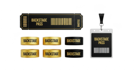 A backstage pass ticket and several backstage pass wristbands arranged on a transparent background