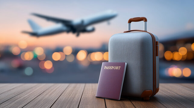 Close-up passport + travel insurance on suitcase, blurred plane takeoff, golden sky glow