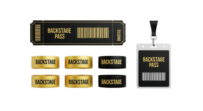 A backstage pass ticket and several backstage pass wristbands arranged on a transparent background