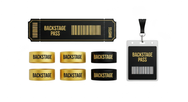 A backstage pass ticket and several backstage pass wristbands arranged on a transparent background