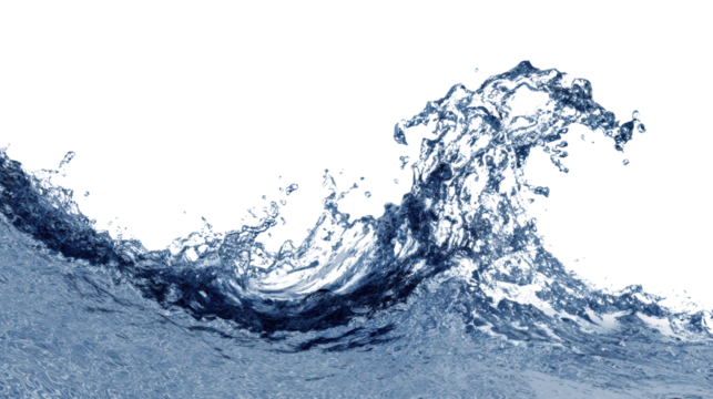 Dynamic ocean wave captured in motion against a white isolated background.