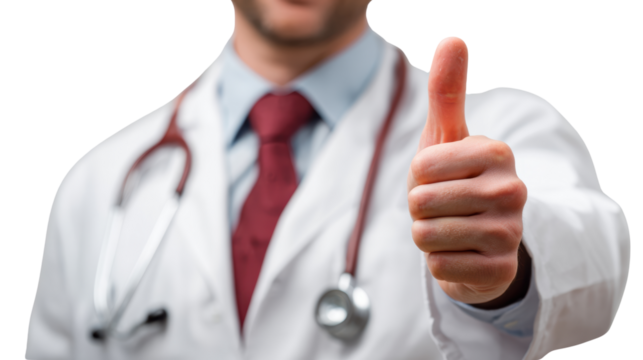 Doctor showing a thumbs up gesture, white isolate background.