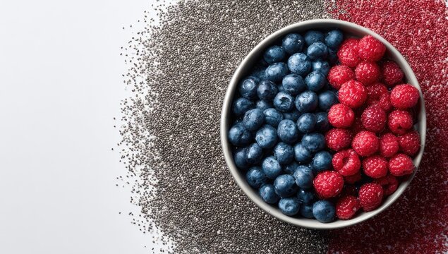 Bowl of blueberries and raspberries, surrounded by chia seeds - Powered by Adobe