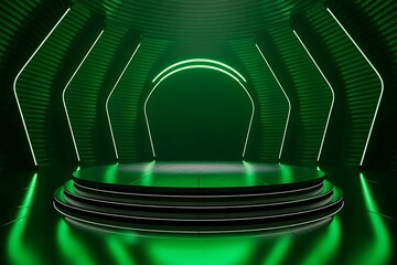 Modern Stage with Circular Platform and Green Neon Lighting podium presentation