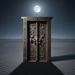 Majestic Makonde-style Magharibi door standing alone in a serene moonlit deserted plain