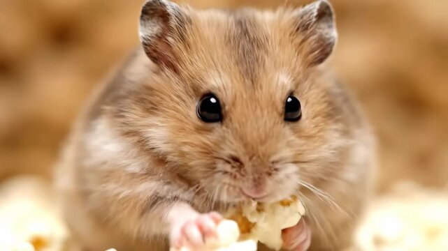 Cutest Hamster Eats Popcorn for a Late Night Snack at Home, Adorable Pet Enjoys a Delicious Treat