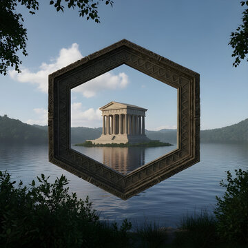 Majestic hexastyle temple on a serene moonlit lake shore, surrounded by lush greenery and wispy clouds