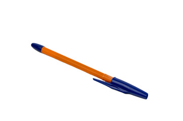 Orange ballpoint pen with blue cap isolated on white background