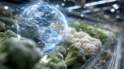 Obraz premium Infographic style, fresh veggies on racks, holographic globe above with glowing trade paths