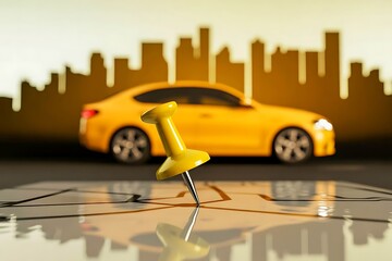 Yellow Car on a Map with a Yellow Pushpin Marking a Location image photo