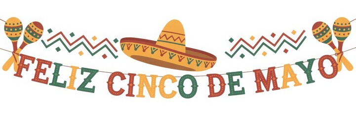Festive feliz cinco de mayo banner with sombrero and maracas decoration