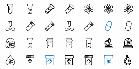 Medical and scientific icon set: test tubes, pills, microscope, and more